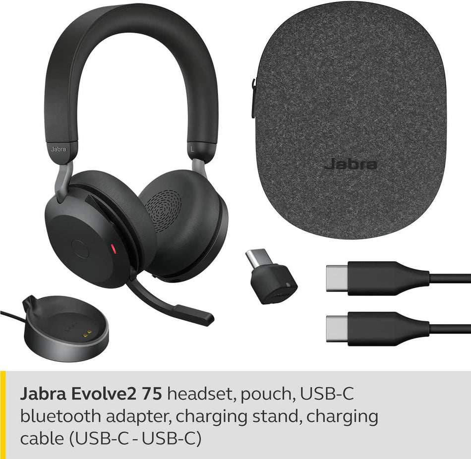 Jabra Evolve2 75 USB-A MS Stereo Headset in Black with Charging Stand